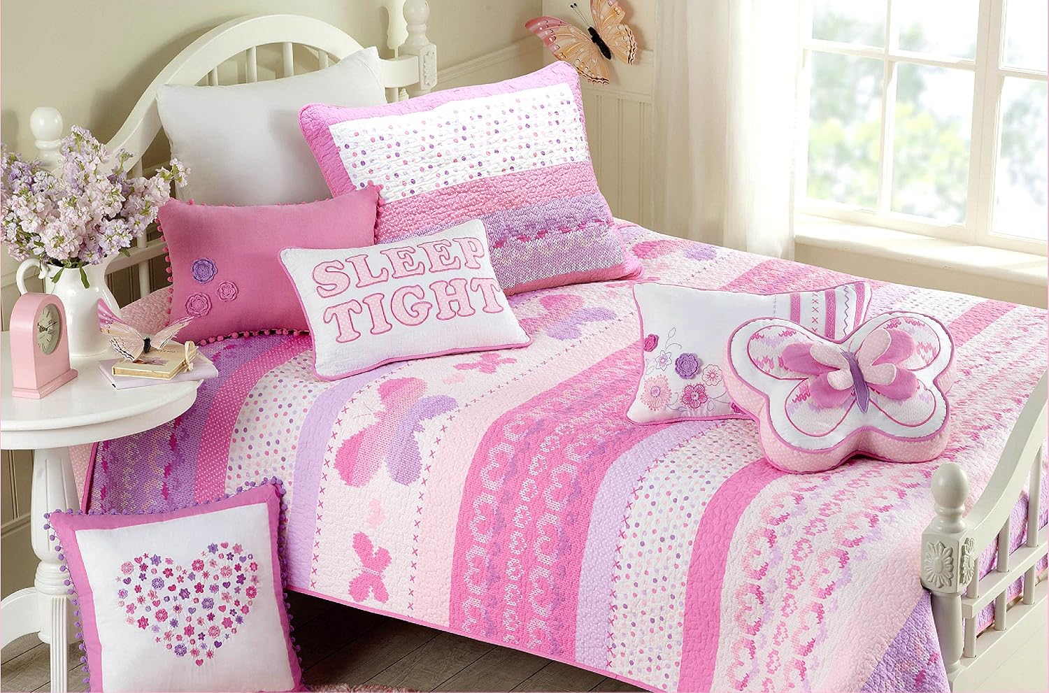 Cozy Line Home Fashions Pink Butterfly Knit 100% Cotton Reversible Quilt Bedding Set, Coverlet, Bedspreads (Twin - 5 Piece: 1 Quilt + 1 Standard Sham + 3 Decorative Pillows)
