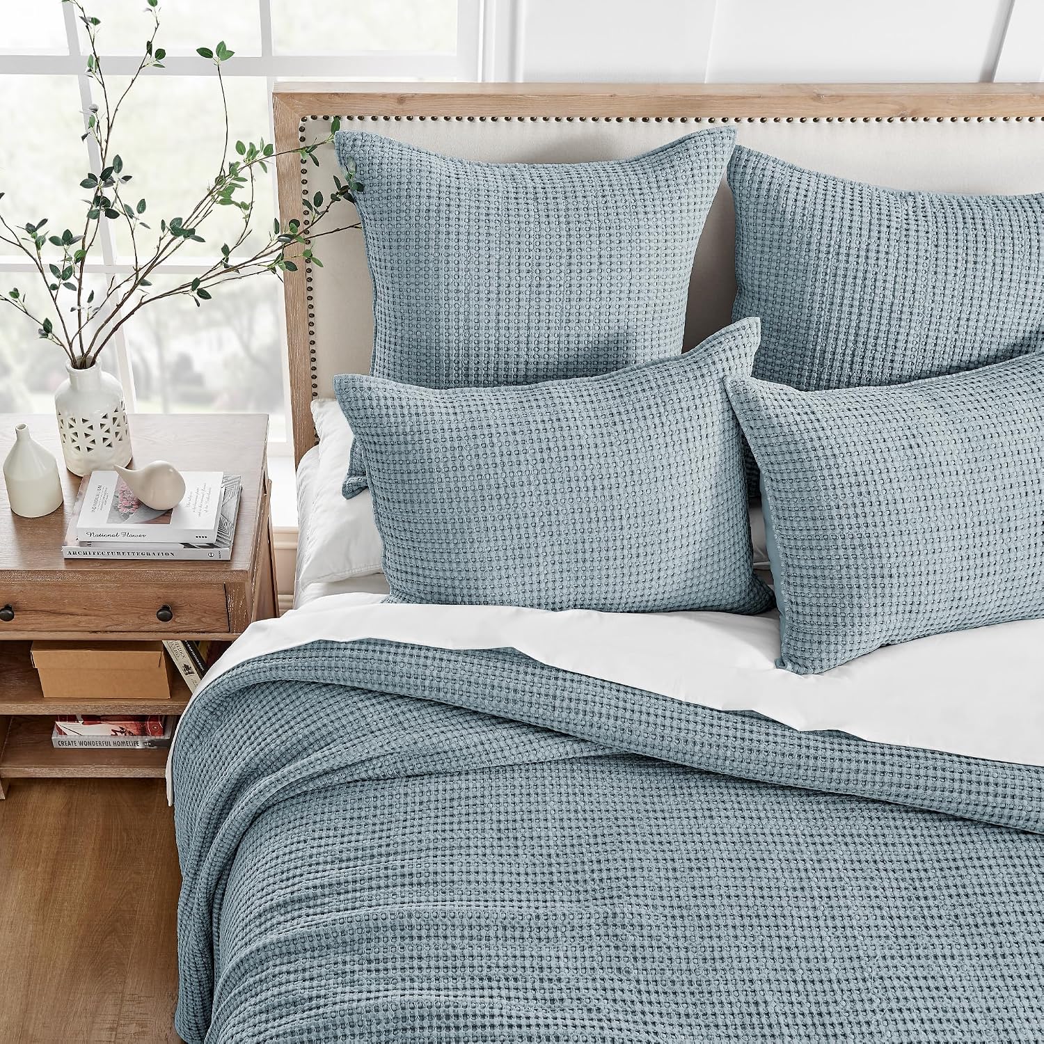 Levtex Home Mills Waffle Queen Bedspread Set (106x106in) with 2 Pillow Shams (26x20in) - Chambray - Cotton Waffle Queen Size Bedspread Set - Lightweight, Soft, Pre-Washed