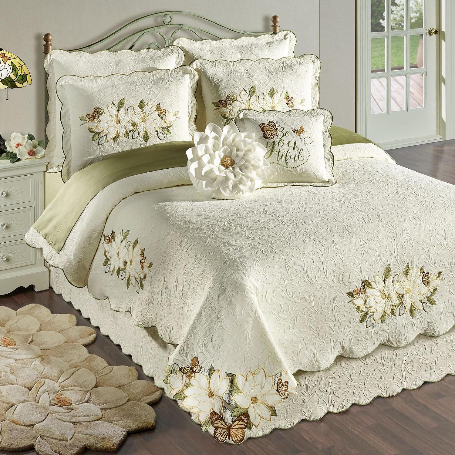 Sweetbay Garden Luxury Matelasse Bedding | Magnolia, Butterfly, & Leaf Velvet Appliques | 4-Pc Ivory Textured Scroll Lightweight Bed Set: Oversized California King Coverlet, Bedskirt, and 2 King Shams