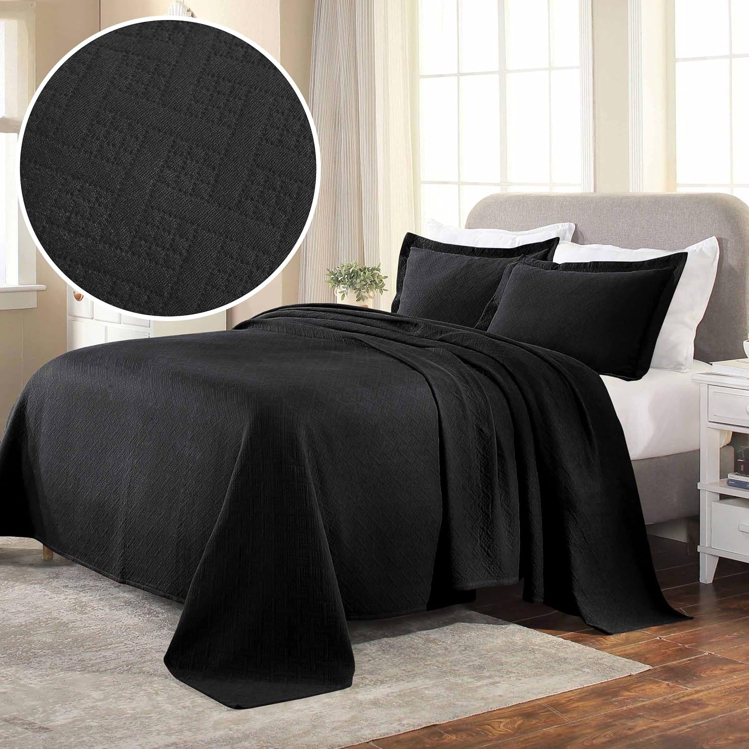 Superior 3 Piece Basketweave 100% Cotton Bedspread Set, Home Bed Decor, Decorative Bed Spread, 2 Pillow Shams, Medium Weight Blanket, Matelasse Coverlet Bedding, Geometric Lattice Pattern, King, Black