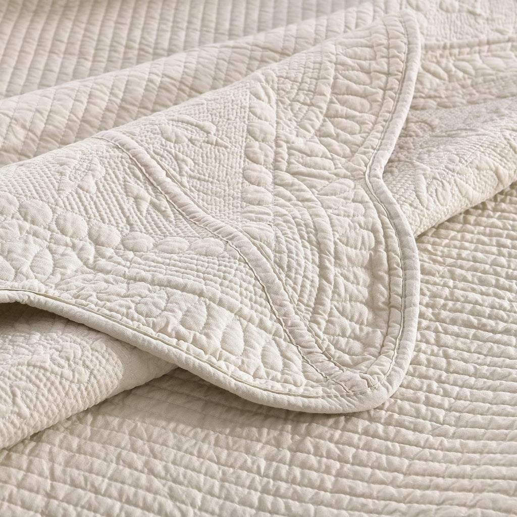 MarCielo 3-Piece 100% Cotton Oversized Bedspread Lightweight Quilt Coverlet Embroidery Farmhouse Bedding Set (TG Light Yellow Beige, Oversized King (118'x106'))