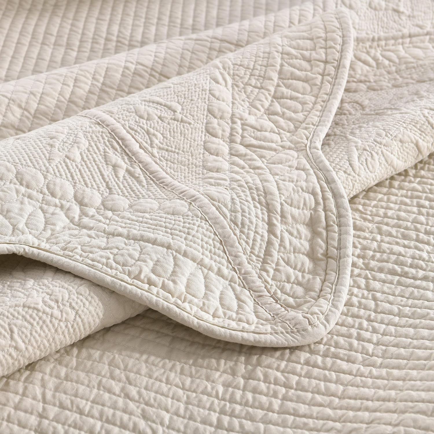 MarCielo 3-Piece 100% Cotton Oversized Bedspread Lightweight Quilt Coverlet Embroidery Farmhouse Bedding Set (TG Light Yellow Beige, Oversized King (118'x106'))