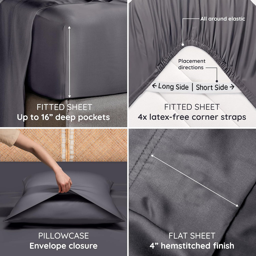 Bambaw 100% Viscose Derived from Bamboo Queen Size Sheet Set - 6pcs Cooling, Deep Pocket Fits Up to 16'' with Elastic Corner Straps, Queen Soft Sheets (Charcoal)
