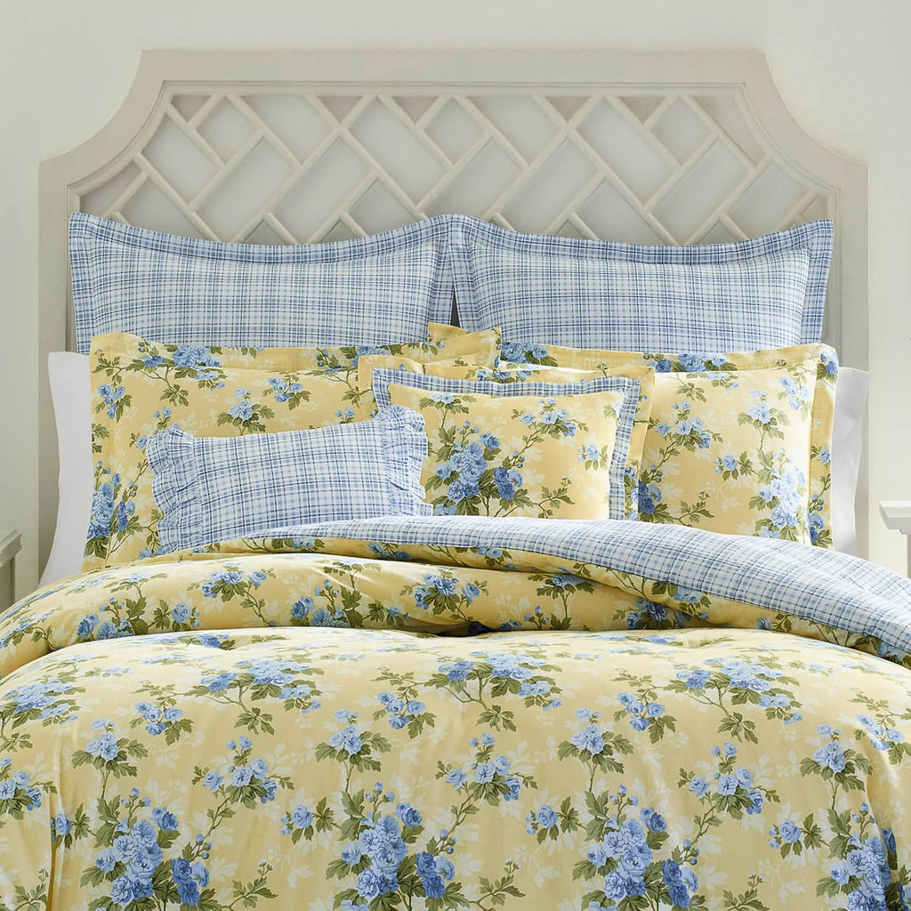 Laura Ashley - King Duvet Cover Set, Reversible Cotton Bedding with Matching Shams, Includes Bonus Euro Shams & Throw Pillow Covers (Cassidy Yellow, King)