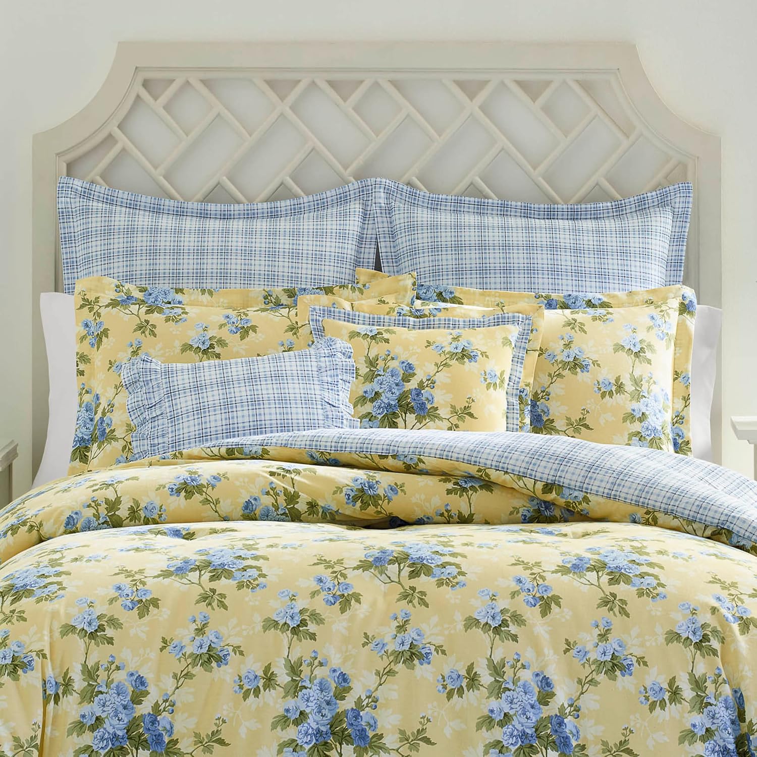 Laura Ashley - King Duvet Cover Set, Reversible Cotton Bedding with Matching Shams, Includes Bonus Euro Shams & Throw Pillow Covers (Cassidy Yellow, King)