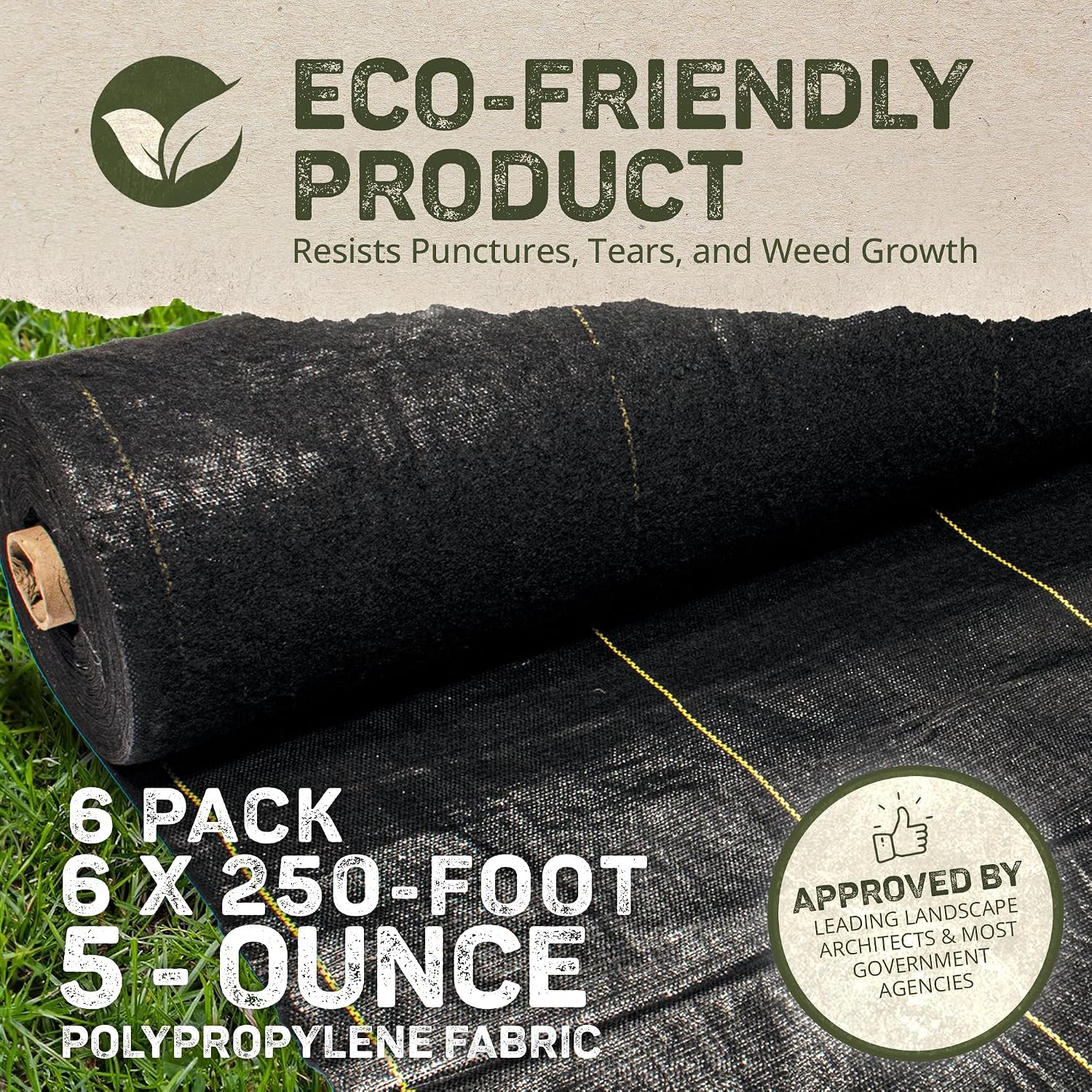 Dewitt 6-Pack Pro-5 Weed Barrier Fabric 5 oz, 6 x 250 Feet – Heavy-Duty Woven Landscape Ground Cover Mat for Raised Garden Bed, Greenhouse Gardening, Outdoor Landscaping, and Commercial Planting