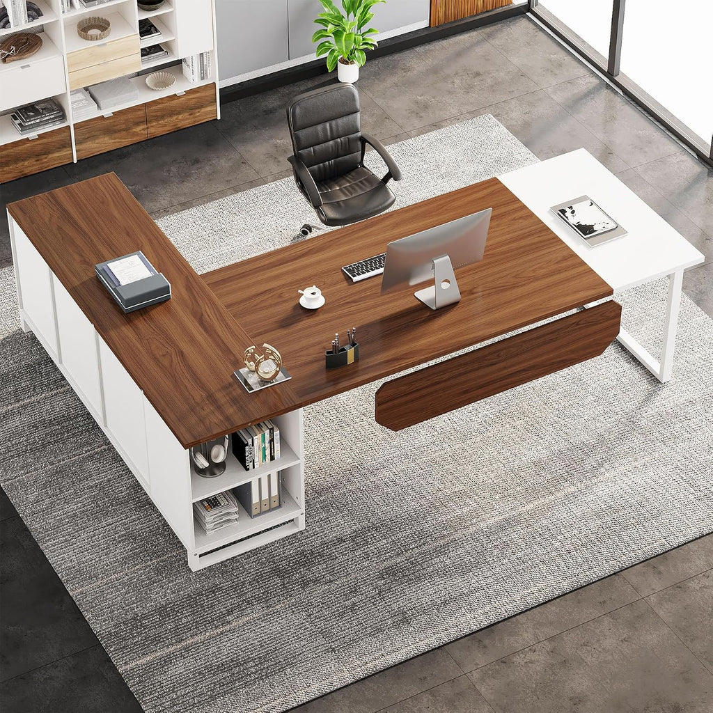 Tribesigns 70.8-Inch Executive Desk with 55-Inch File Cabinet, Large L Shaped Computer Desk with Storage Cabinet and Shelves, Modern L-Shaped Desk for Home Office, Walnut & White