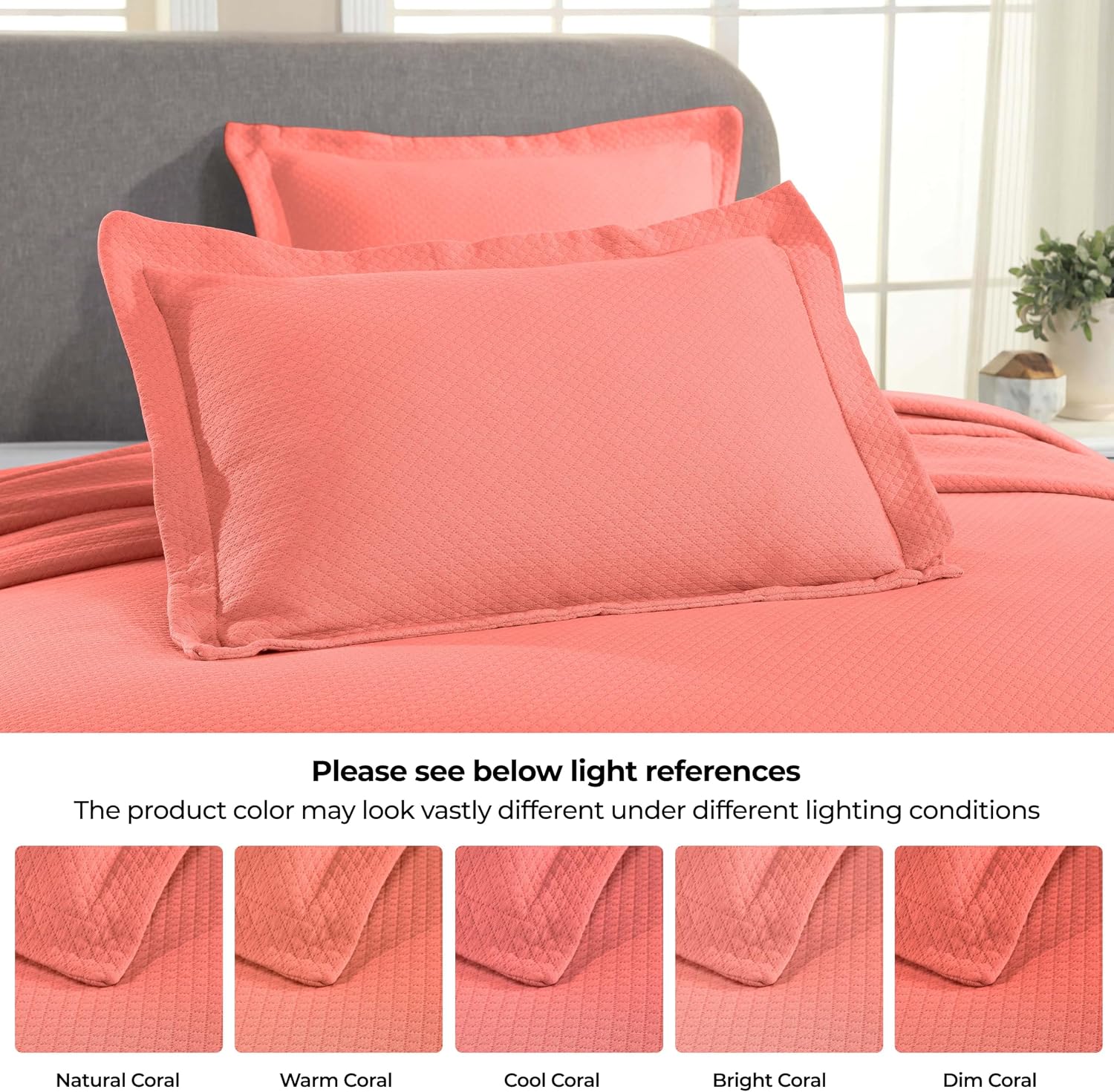 Superior Solitaire Cotton 3 Piece Bedspread Set, Home Bed Decor, Decorative Textured Bed Spread, 2 Pillow Shams, Airy Blanket, Matelasse Coverlet Bedding, All-Season Accent Blanket, Queen, Coral