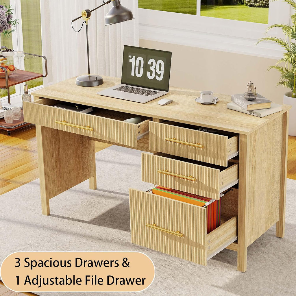 Modern Executive Desk with Drawers: 54' Oak Home Office Desks with File Drawers, Wood Fluted Computer Writing Desk for Work, Study, and Living Room (54')