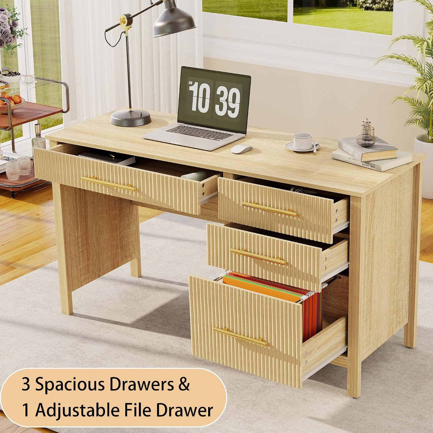 Modern Executive Desk with Drawers: 54' Oak Home Office Desks with File Drawers, Wood Fluted Computer Writing Desk for Work, Study, and Living Room (54')