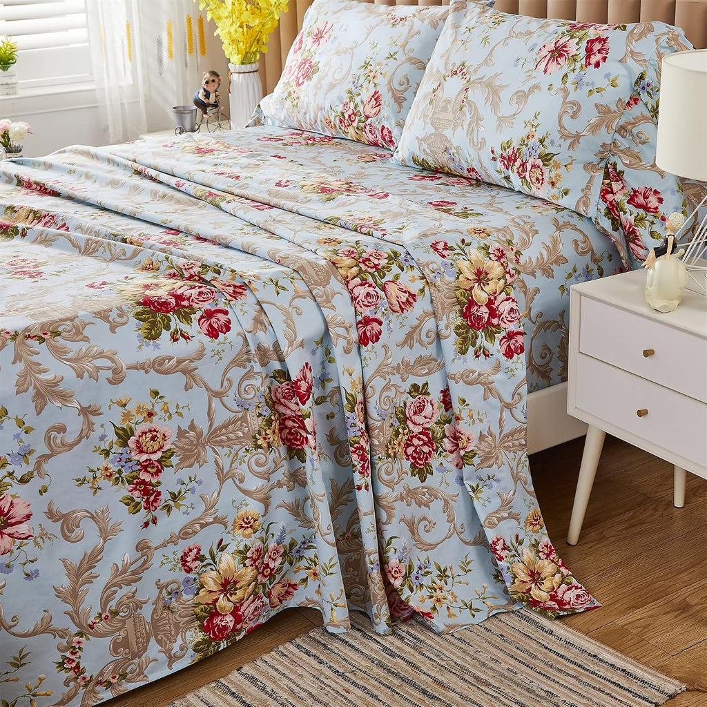 ABREEZE Floral Bedding Shabby Blue Bed Sheet Set Vintage Luxury Bedding Collections Ruffled 1000 Thread Count 100% Egyptian Cotton Deep Pocket, 4 Piece-King Size
