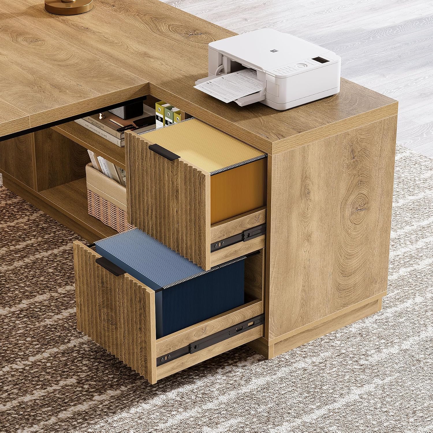 Tribesigns 78-Inch L-Shaped Executive Desk, Large Computer Desk with 2 Drawers and Storage Shelves, Business Furniture Workstation for Home & Office (Light Brown)