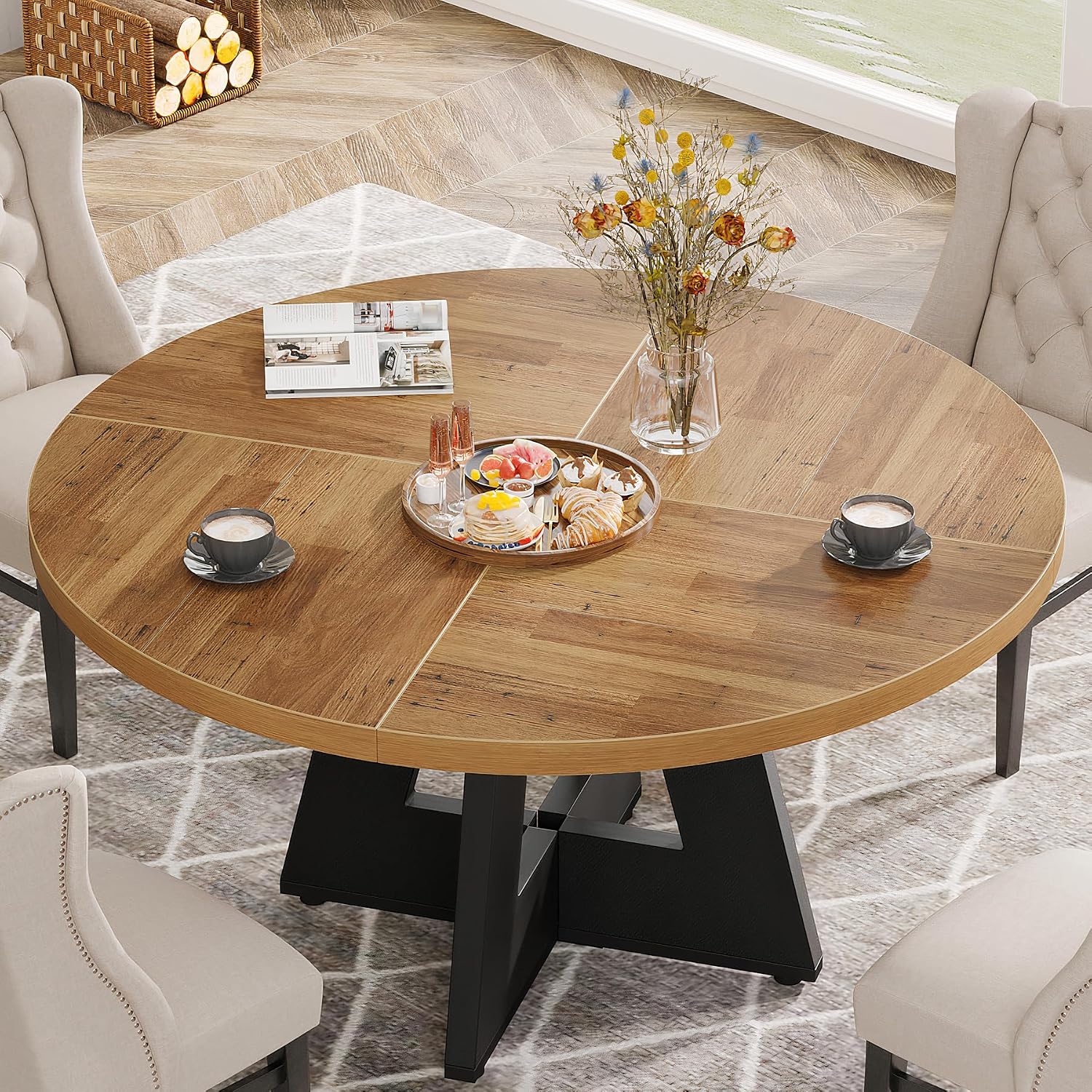 Tribesigns Farmhouse Dining Table, 47 Inch Round Dinner Table for 4, Rustic Round Dining Room Table for Home Dining Room Living Room (Walnut Brown+Black)