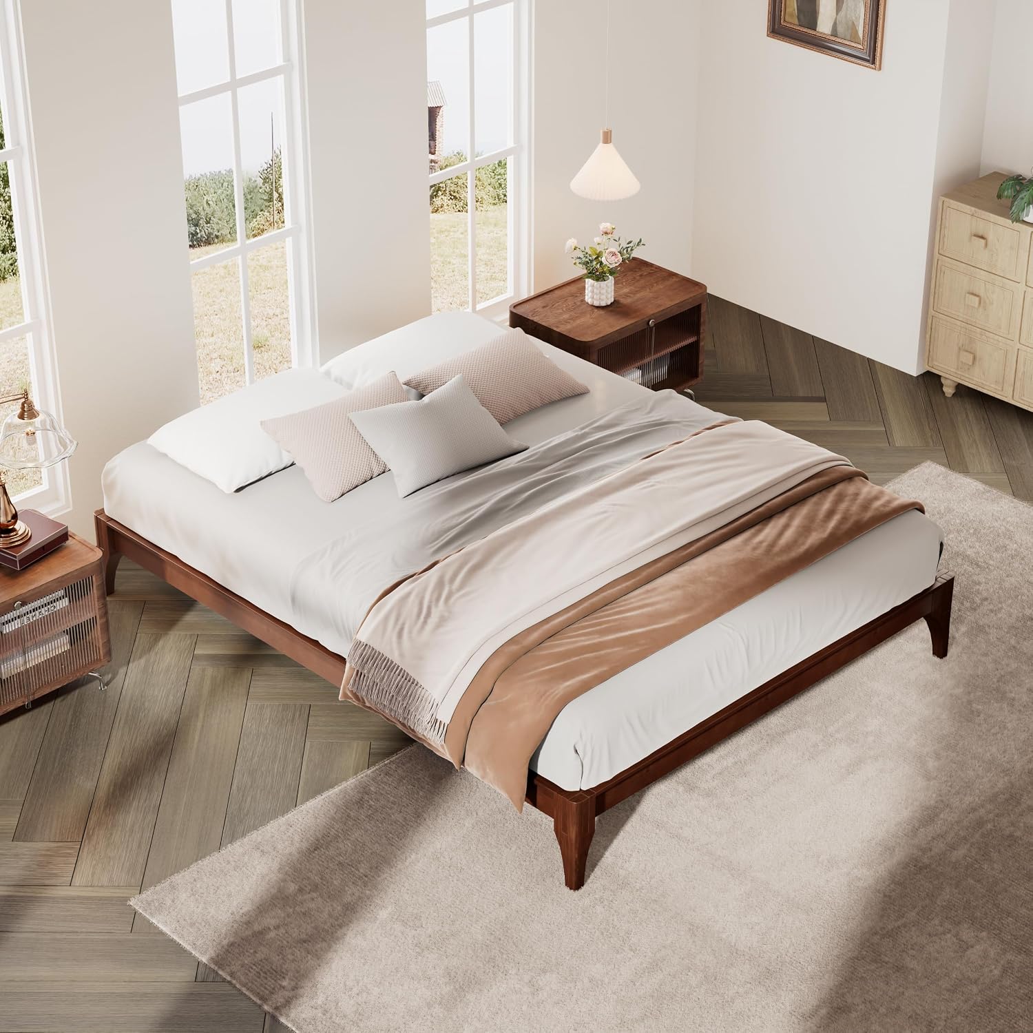 Merax Mid-Century Bamboo Platform Bed, Queen Size Bed Frame with Wood Slat Support, No Box Spring Needed, Easy Tool-Free Assembly, Chocolate