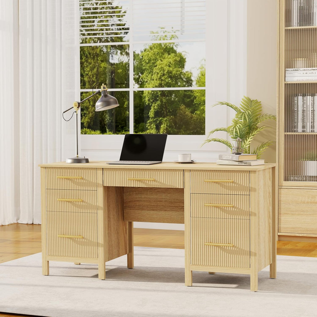 Modern Executive Desk with Drawers: 60' Oak Home Office Desks with File Drawers, Wood Fluted Computer Writing Desk for Work, Study, and Living Room (60')