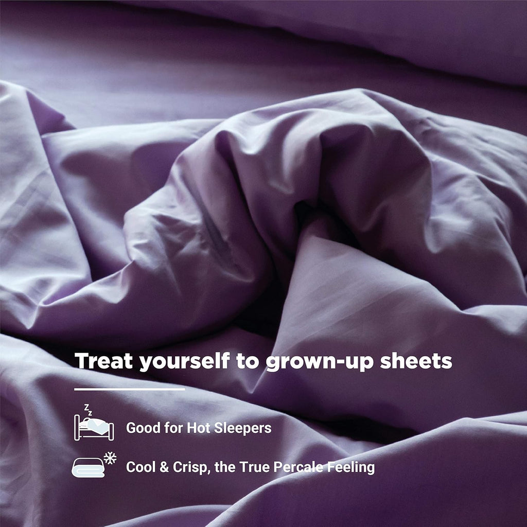 Fabdreams 100% Organic Cotton Percale Weave Queen Size Sheet Set | 300 Thread Count | GOTS Certified | Long Staple Cotton | Cool Crisp Breathable | Fits Upto 17' Deep Pocket | Lilac