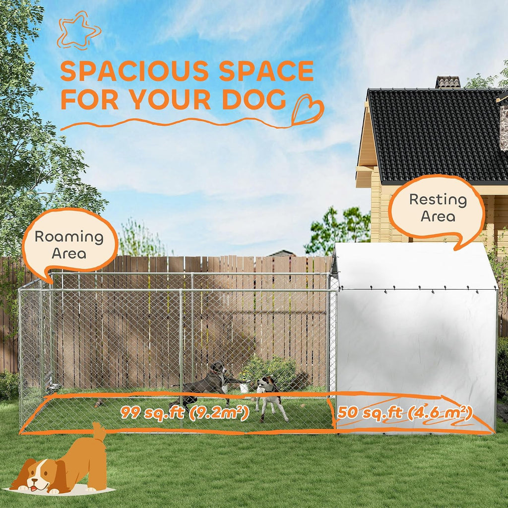 PawHut 20' x 7.5' x 7.5' Large Outdoor Dog Kennel w/Secure Lock, Heavy Duty Galvanized Chain Link Dog Kennel w/Waterproof & UV-Resistant Cover, Rotating Bowls, for M&L Breeds, Chickens, Ducks