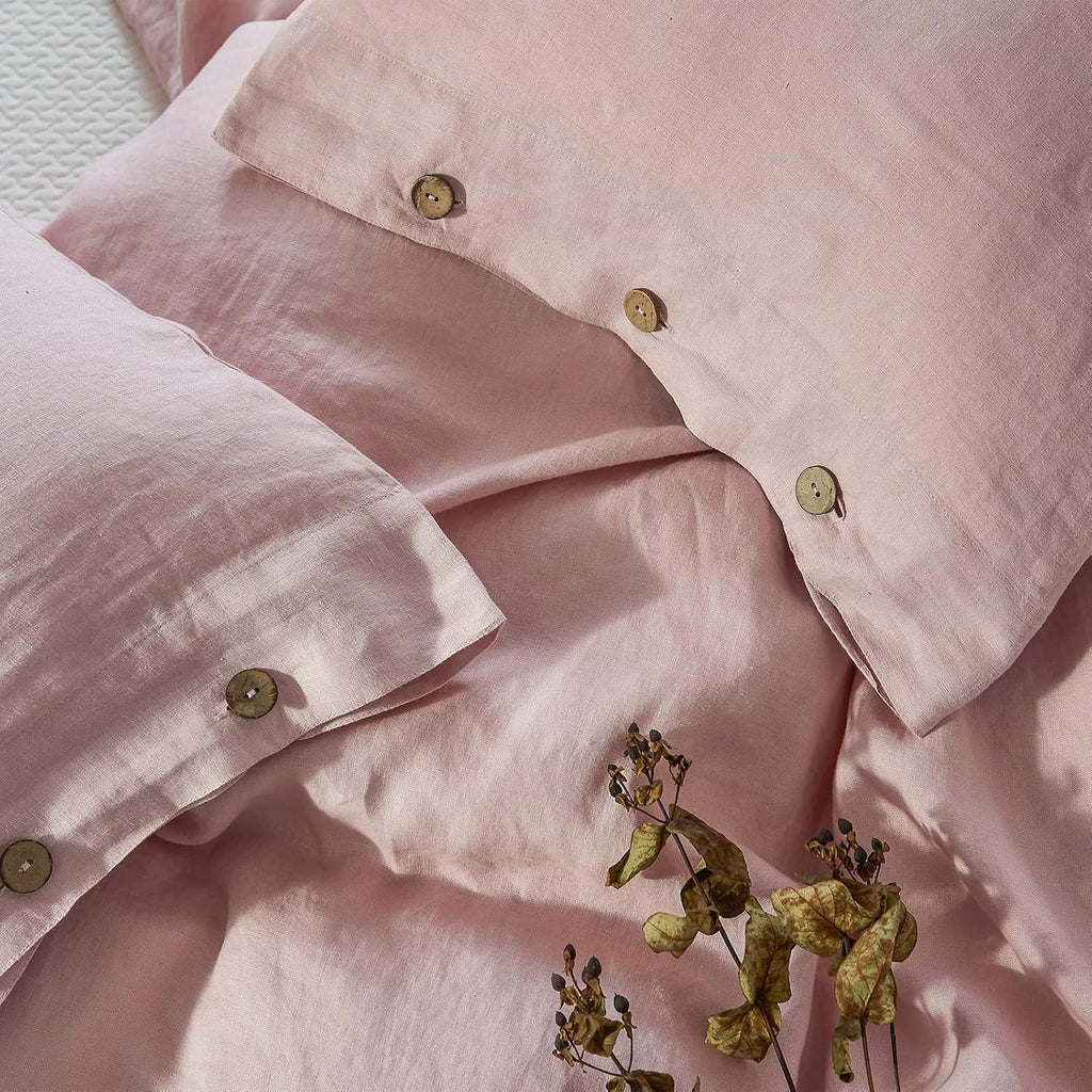 Simple&Opulence 100% Linen Duvet Cover Set 3pcs with Coconut Button Closure Natural French Washed Flax Solid Color Soft Breathable Farmhouse Bedding - Blush Pink, Queen Size