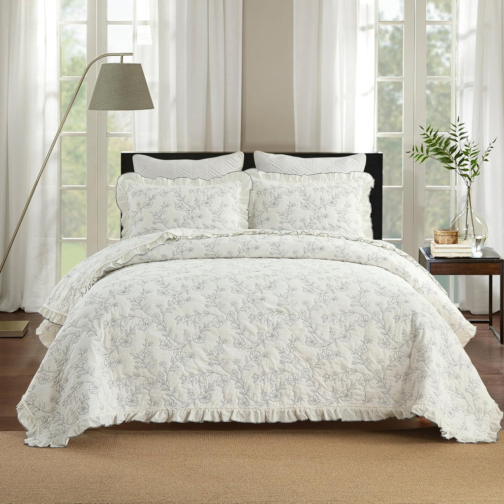 MarCielo 3-Piece 100% Cotton Bedspread Lightweight Quilt Coverlet Embroidery Farmhouse Bedding Set (Floral,King (106' X 98'))