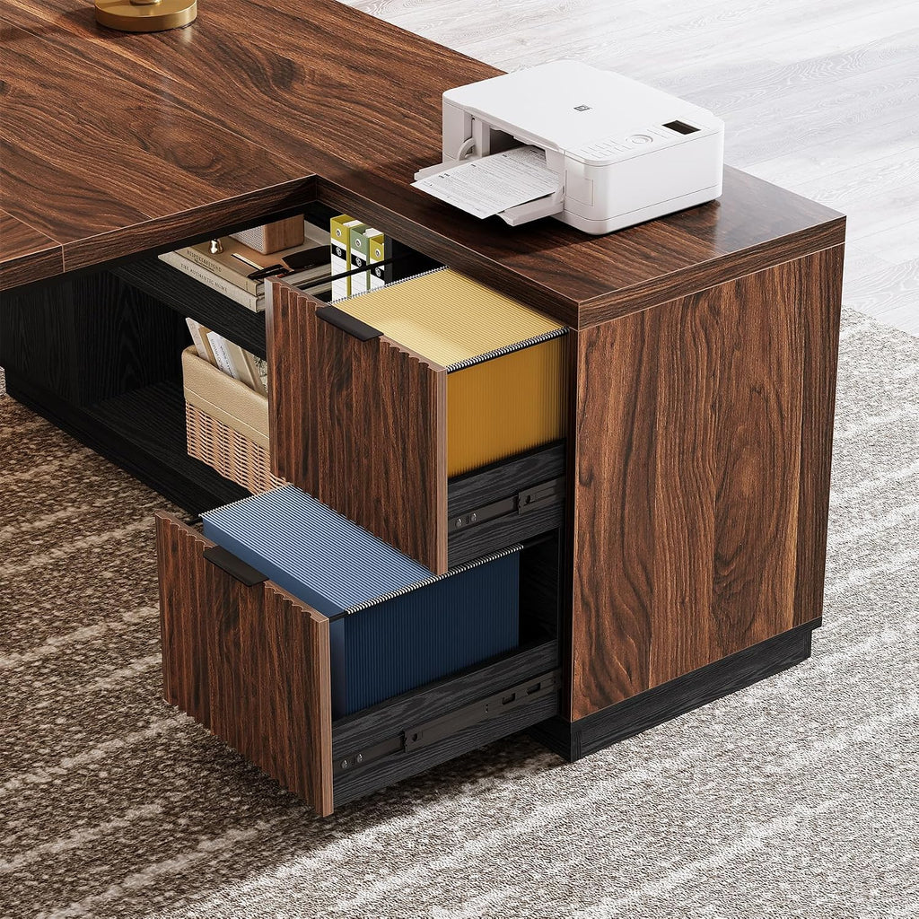 Tribesigns 78-Inch L-Shaped Executive Desk, Large Computer Desk with 2 Drawers and Storage Shelves, Business Furniture Workstation for Home & Office (Brown and Black)