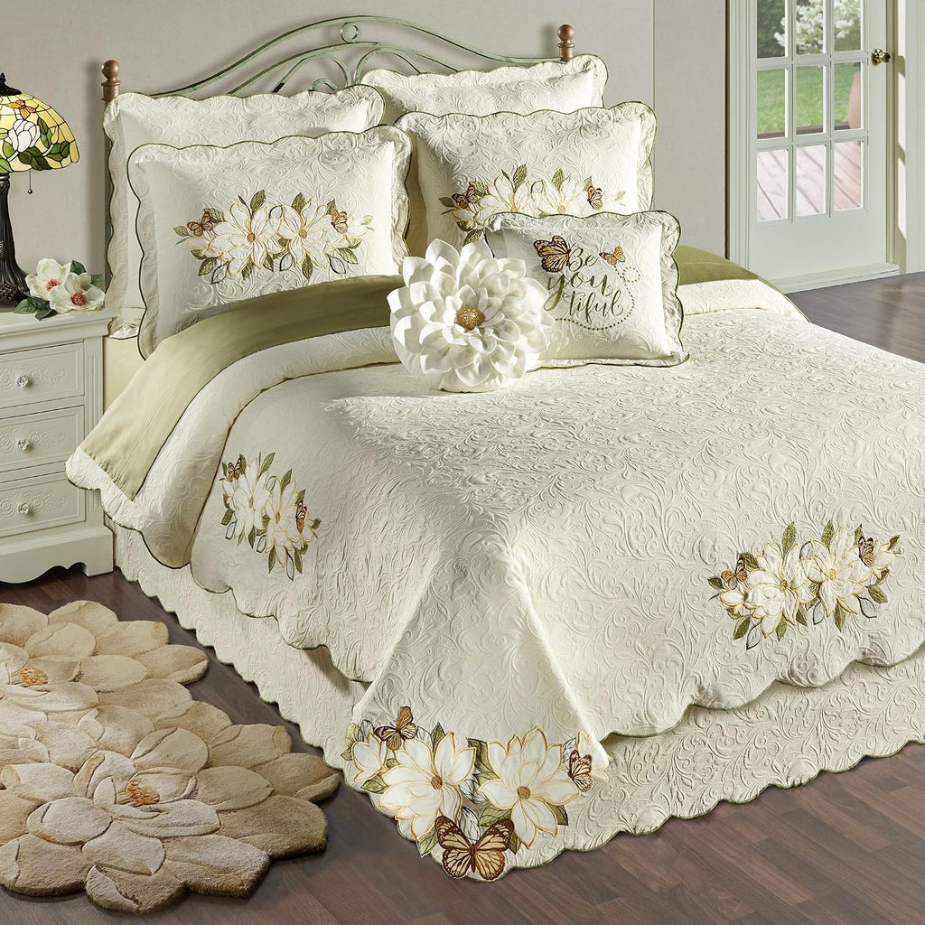Sweetbay Garden Luxury Matelasse Bedding | Magnolia, Butterfly, & Leaf Velvet Appliques | 4-Pc Ivory Textured Scroll Lightweight Bed Set: Full Coverlet, Bedskirt, 2 Standard Shams, & 2 Accent Pillows
