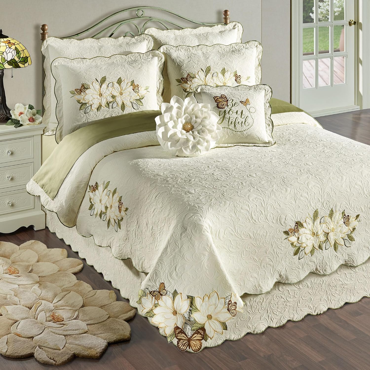 Sweetbay Garden Luxury Matelasse Bedding | Magnolia, Butterfly, & Leaf Velvet Appliques | 4-Pc Ivory Textured Scroll Lightweight Bed Set: Full Coverlet, Bedskirt, 2 Standard Shams, & 2 Accent Pillows