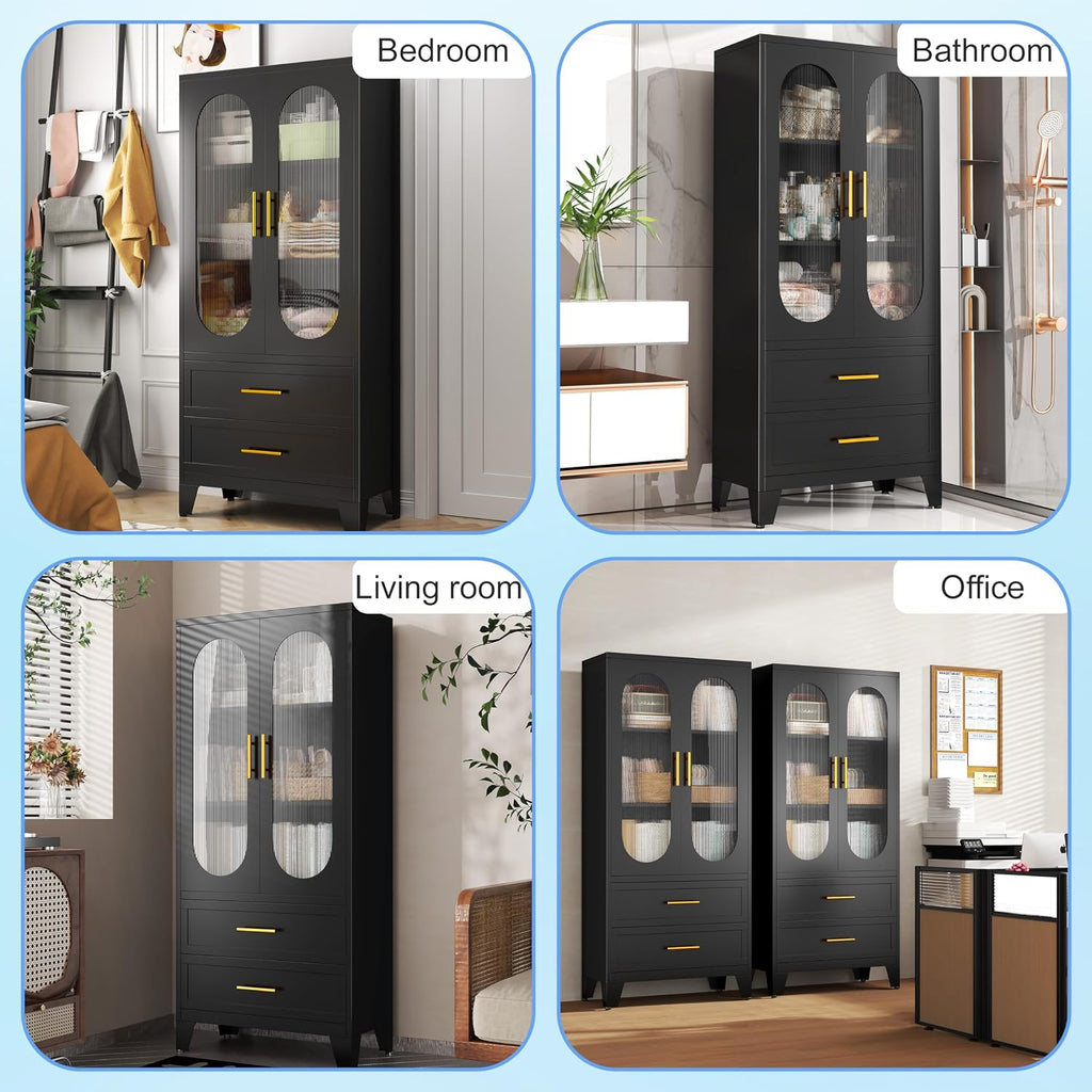 erosoei 61.02'H Metal Pantry Storage Cabinet with Drawer,Pantries Cabinets with Acrylic Glass Doors and Adjustable Shelves,Cupboard for Kitchen, Laundry Room,Living Room,Bathroom,Dinning Room