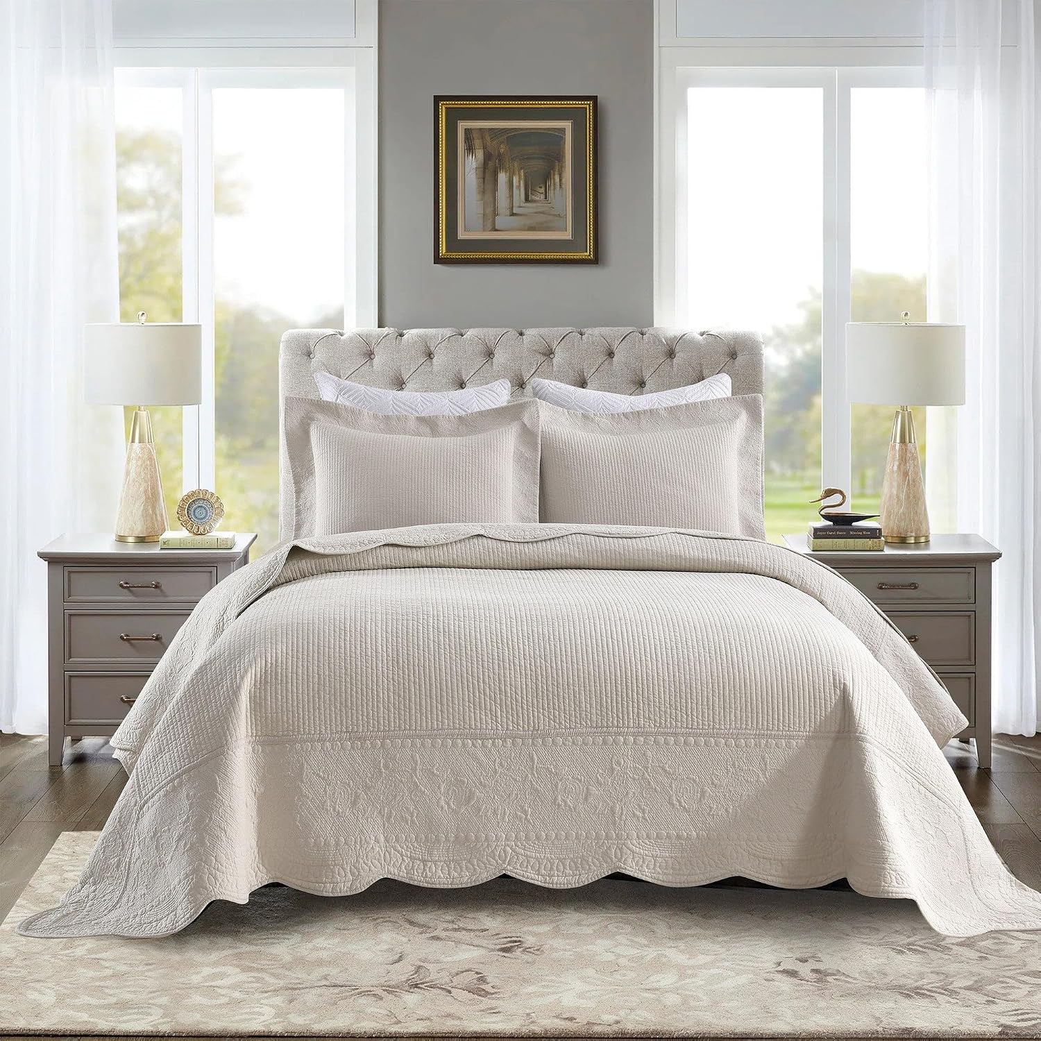 MarCielo 3-Piece 100% Cotton Oversized Bedspread Lightweight Quilt Coverlet Embroidery Farmhouse Bedding Set (TG Light Yellow Beige, Oversized King (118'x106'))