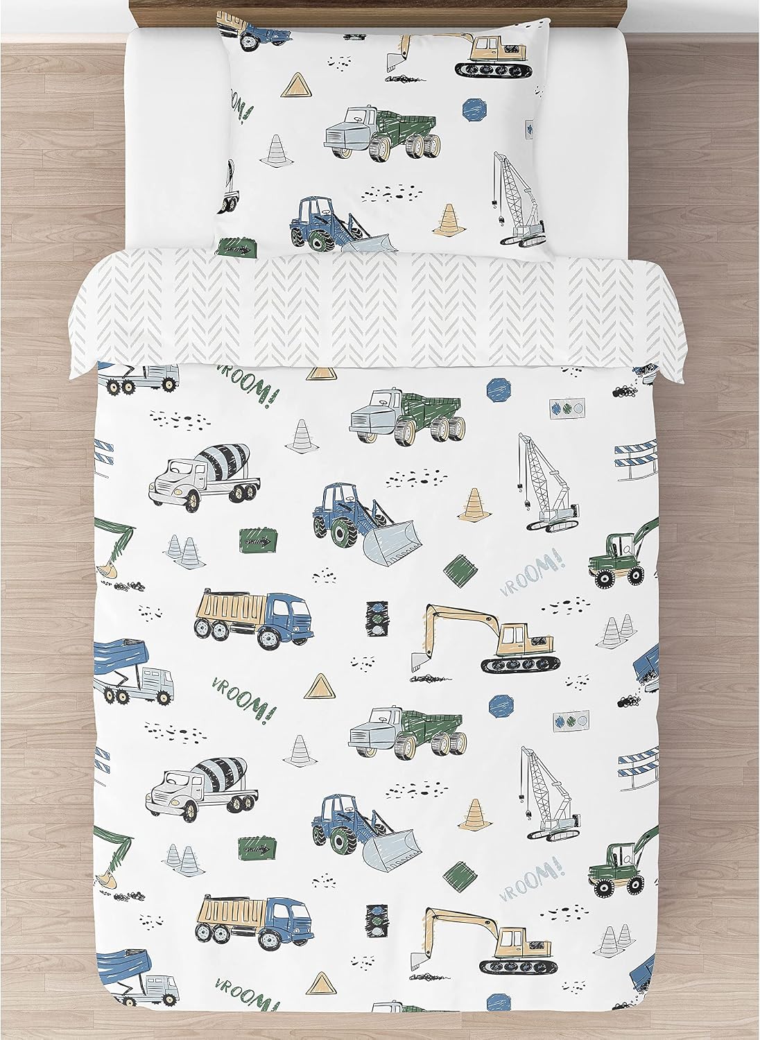 Sweet Jojo Designs 2-Piece Twin Comforter Set (Green Construction Truck) for Boys, Children, Kids Bedding, Bed in a Bag incl. Blanket & Pillow Sham (Transportation, Gray, Blue, Grey & Yellow, Trucks)