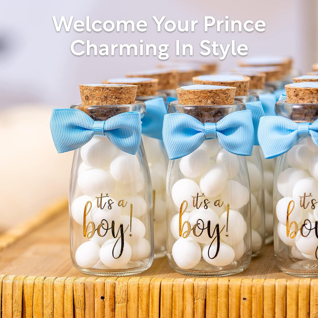 Ethisa 96 Pack It's a Boy Milk Glass Bottles with Ribbons and Stickers - Vintage Baby Shower Favors for Guests and Table Centerpieces Decorations - Sturdy Baby Shower Candy Jar