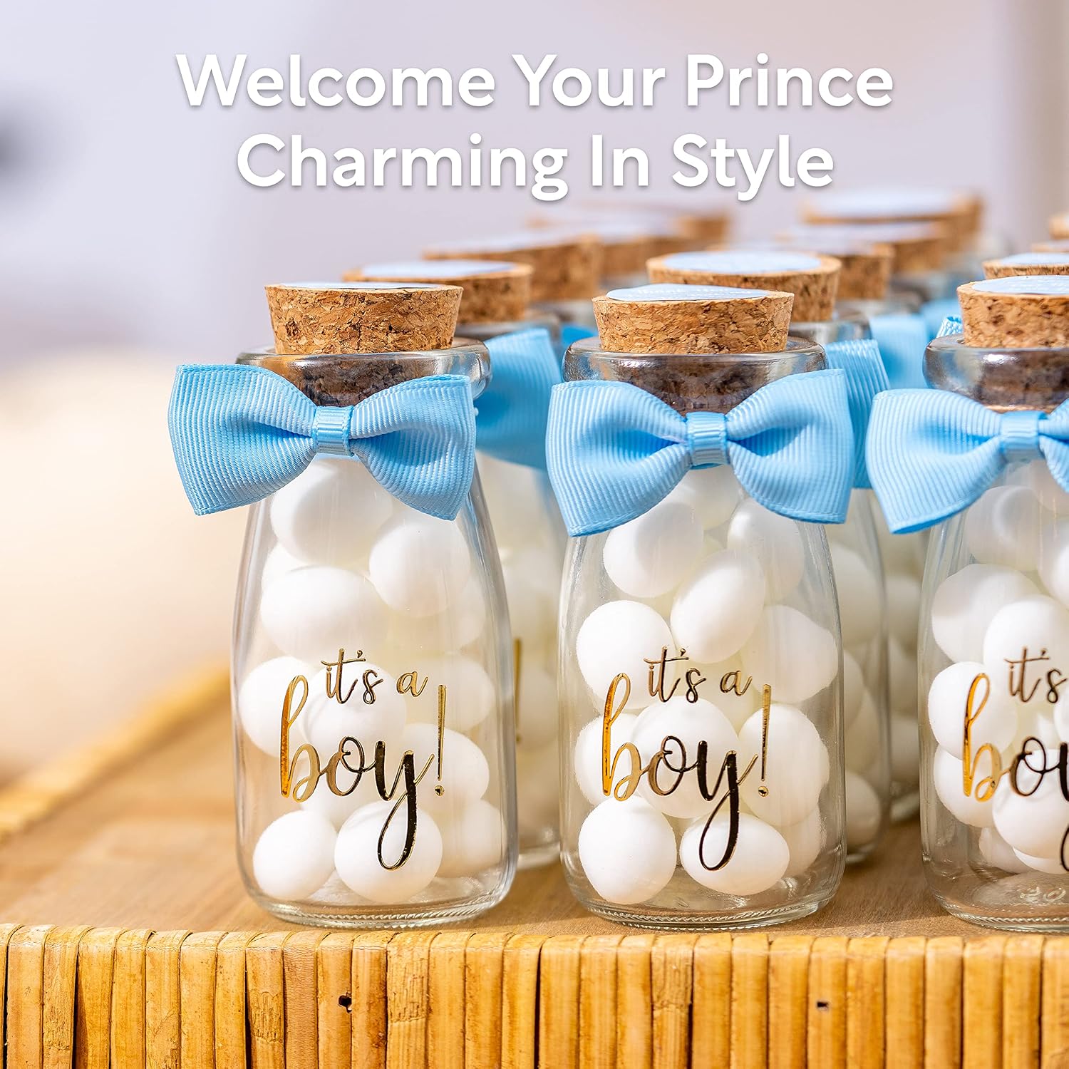 Ethisa 96 Pack It's a Boy Milk Glass Bottles with Ribbons and Stickers - Vintage Baby Shower Favors for Guests and Table Centerpieces Decorations - Sturdy Baby Shower Candy Jar