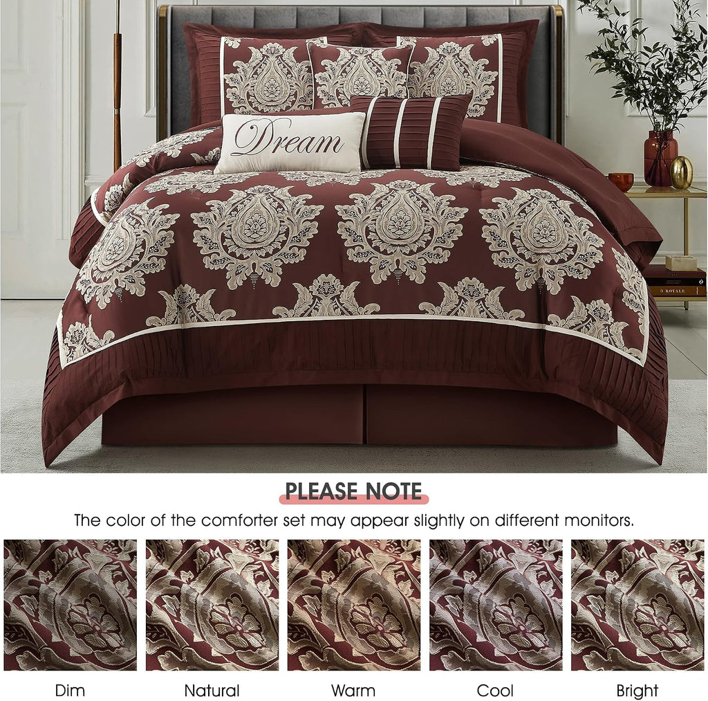 LANCO MODERN LIFESTYLE Burgundy Queen Comforter Set 7 Pieces, Jacquard Woven with Damask, Bedding Set in a Bag Includes Comforter, Bed Skirt, Pillow Shams, and Decorative Pillows