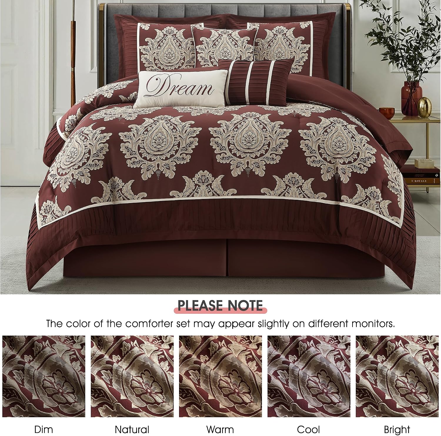 LANCO MODERN LIFESTYLE Burgundy California King Comforter Set 7 Pieces, Jacquard Woven with Damask, Bedding Set in a Bag Includes Comforter, Bed Skirt, Pillow Shams, and Decorative Pillows