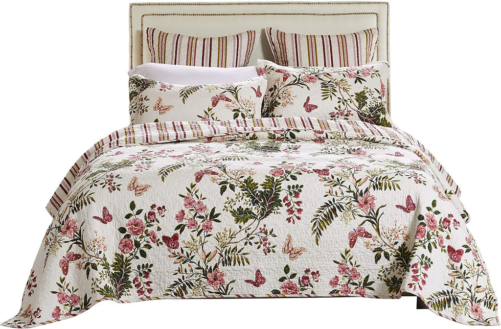 Greenland Home 100% Cotton Fashion Quilt Collection, Prewashed, Reversible Quilt Set, 3-Piece King/Cal King, Butterflies