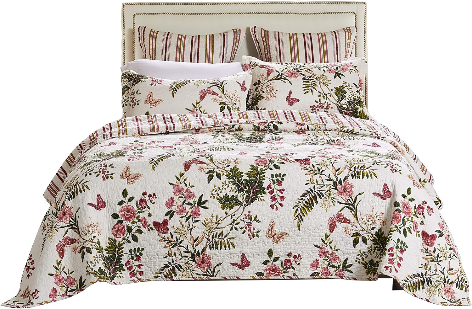 Greenland Home 100% Cotton Fashion Quilt Collection, Prewashed, Reversible Quilt Set, 3-Piece King/Cal King, Butterflies