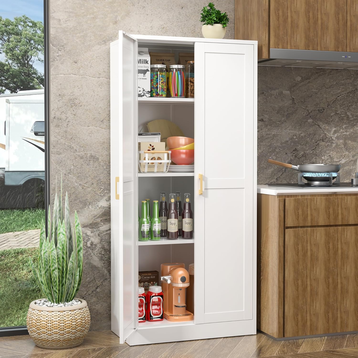 UNICOLY Metal Kitchen Pantry Cabinet, Storage Cabinet with Doors and Shelves, Cupboard with Adjustable Leveling Foot, for Laundry, Living Room, Bathroom, Dinning Room, Assembly Required, White 60' H