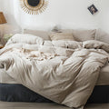 MooMee Bedding Duvet Cover Set 100% Washed Cotton Linen Like Textured Breathable Durable Soft Comfy (Heathered Tannish Linen Grey, Oversized King Plus 128'x120')