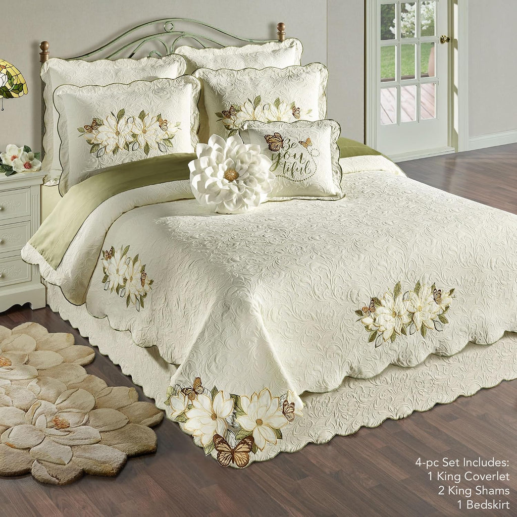 Sweetbay Garden Luxury Matelasse Bedding | Magnolia Flower, Butterfly, & Leaf Velvet Appliques | 4-Pc Ivory Textured Scroll Lightweight Bed Set with Oversized King Coverlet, Bedskirt, and 2 King Shams