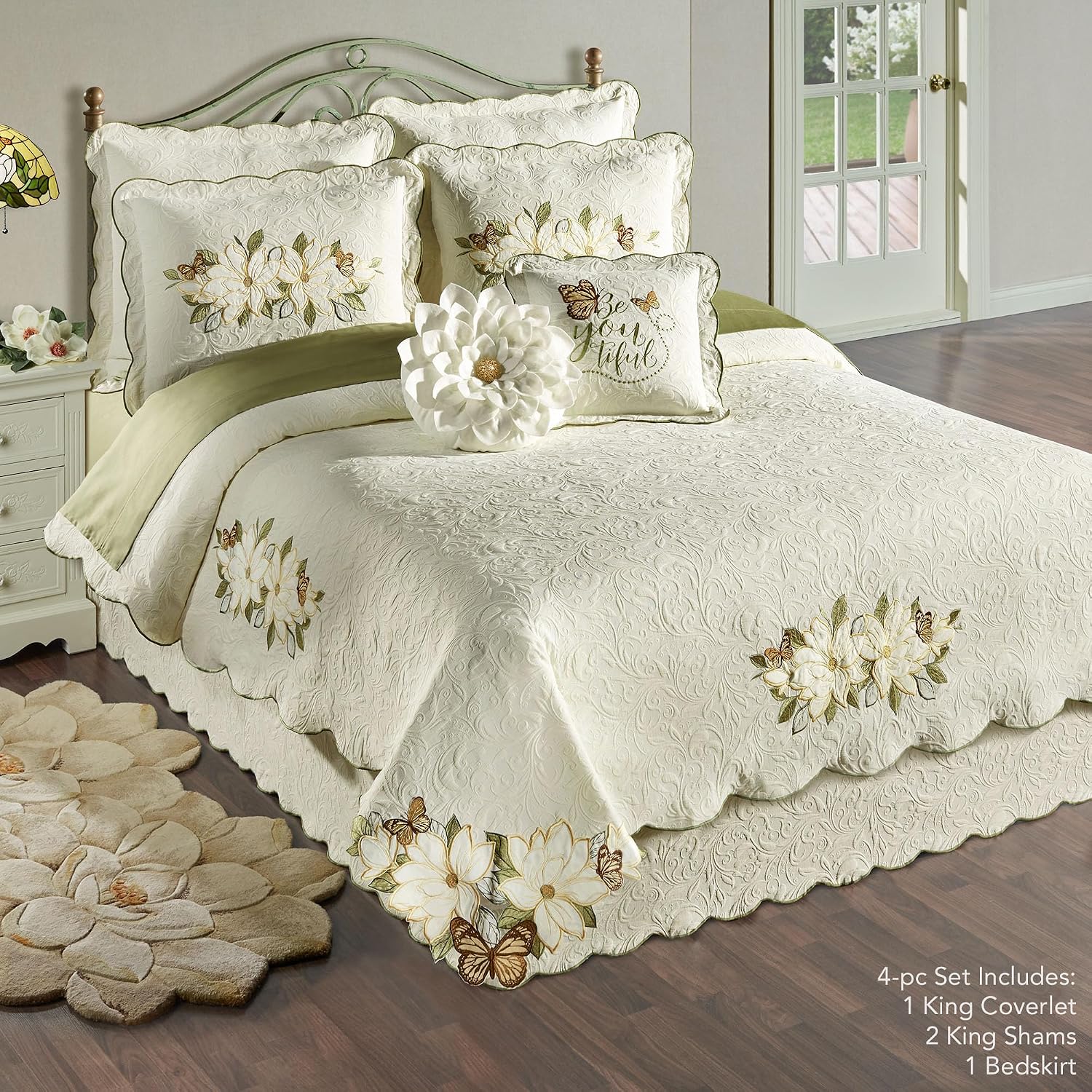 Sweetbay Garden Luxury Matelasse Bedding | Magnolia Flower, Butterfly, & Leaf Velvet Appliques | 4-Pc Ivory Textured Scroll Lightweight Bed Set with Oversized King Coverlet, Bedskirt, and 2 King Shams