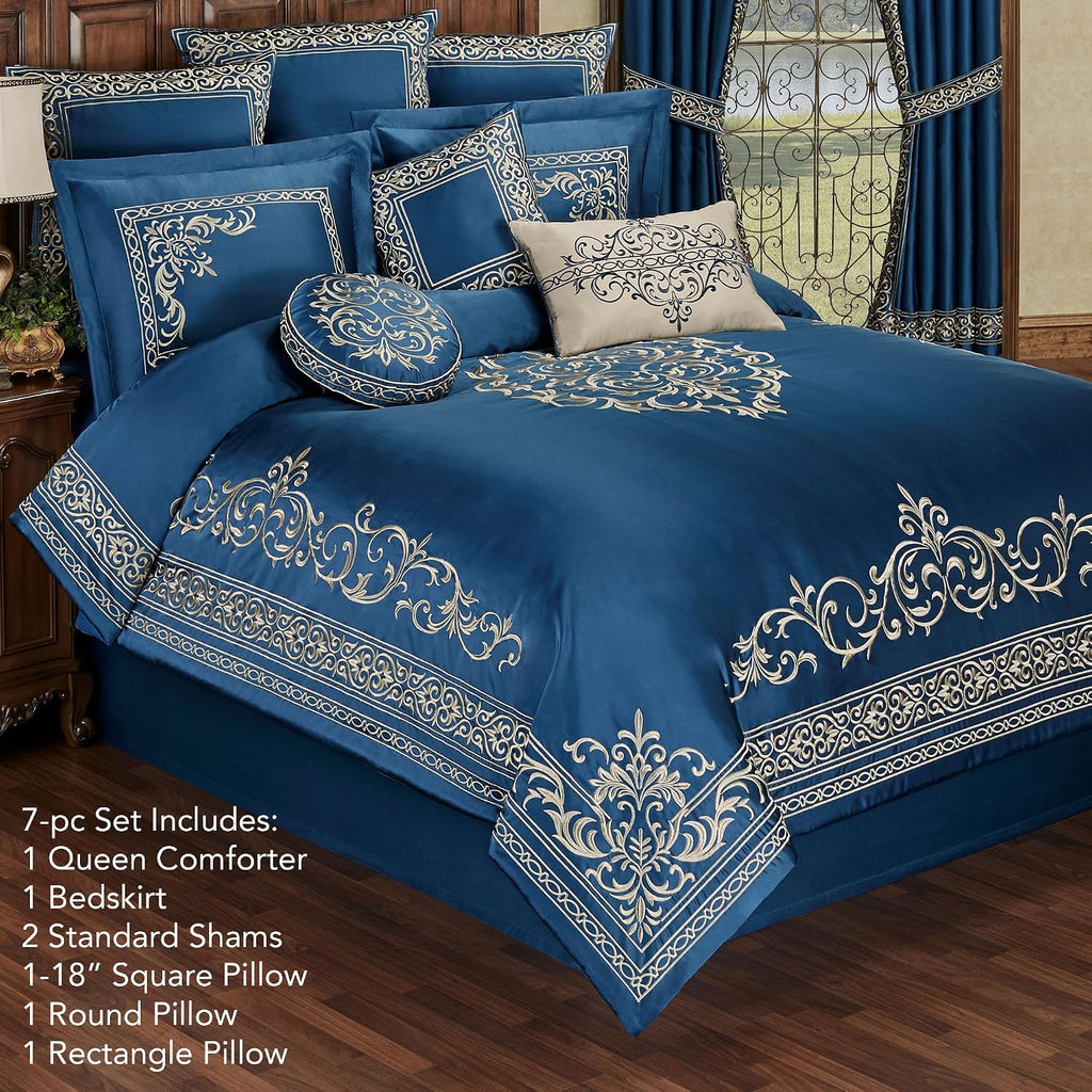 Buckingham Luxury Bedding | Royal Sapphire Blue | Palace-Inspired Elegant Golden Scrollwork Embroidery on Sateen | 7 Piece Set: Queen Comforter, Bedskirt, 2 Standard Shams & 3 Decorative Pillows