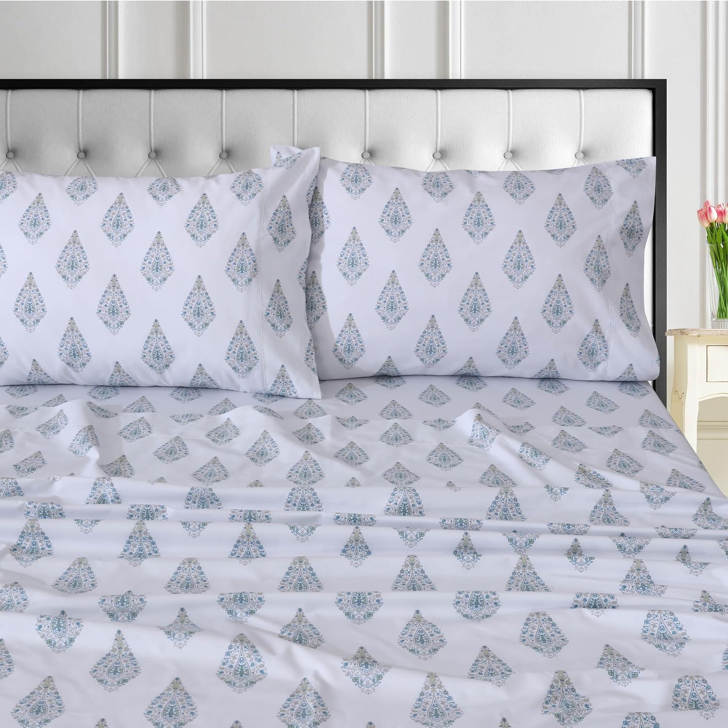 Tribeca Living Organic Cotton Queen Percale Sheets - 400 Thread Count, Extra Deep Pocket, Smooth, Crisp and Breathable, 4-Piece Bedding Set, Evelyn
