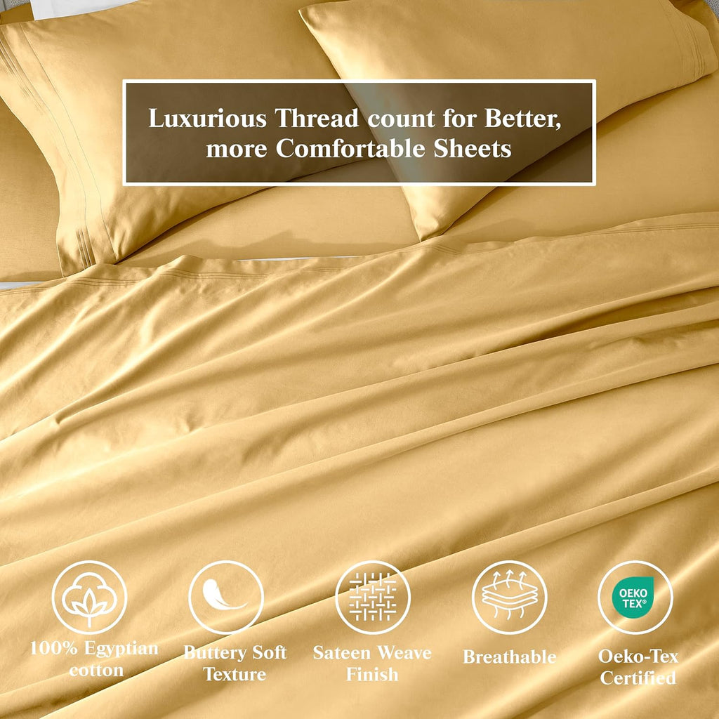 Superior Egyptian Cotton 3 Piece Sheet Set, 650 Thread Count, Eco-Friendly, Sustainable Sheets, Ultra-Soft Basics, Solid, Deep Pocket Fitted Sheet, Flat Sheet, Pillowcase, Twin, Gold