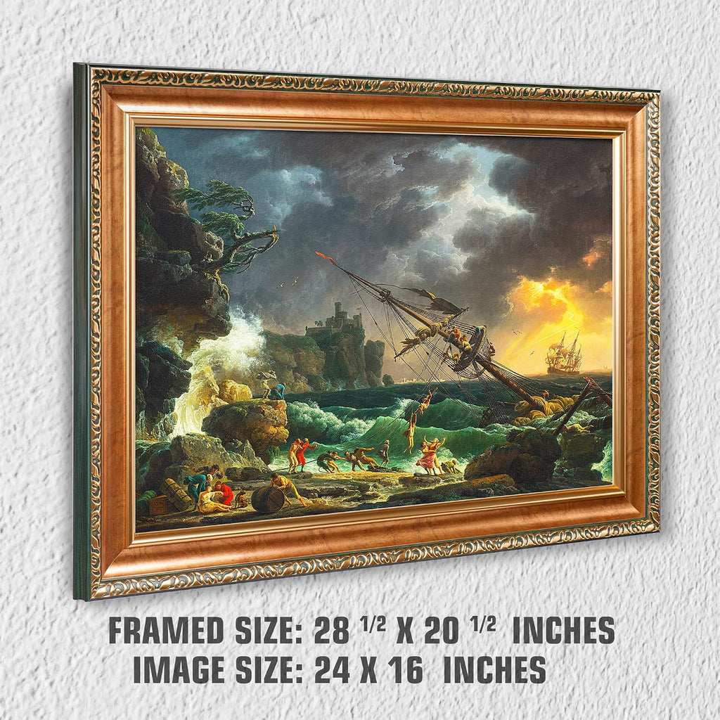 The Shipwreck Sailboat by Claude–Joseph Vernet Sailboat Warship Painting Reproductions Framed Size:28.5x20.5 inches,Image Size:24x16 inches World Classic Reproductions For HomeDecor,Gold Frame