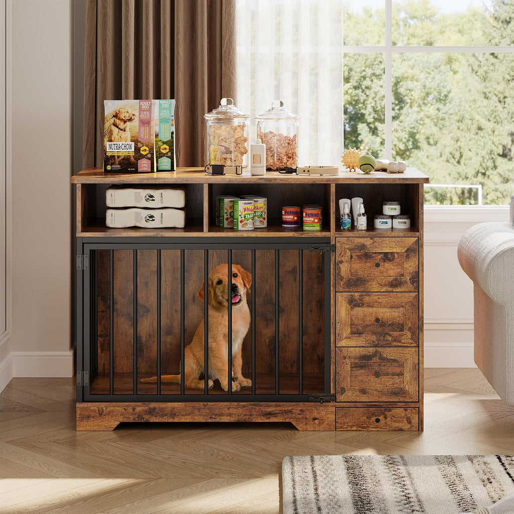 GarveeLife 48'' Dog Crate Furniture, Farmhouse Heavy Duty Dog Kennel with Bowl & Storage Drawers, Medium Dog Cage End Table for Small Medium Dogs, Retro Brown
