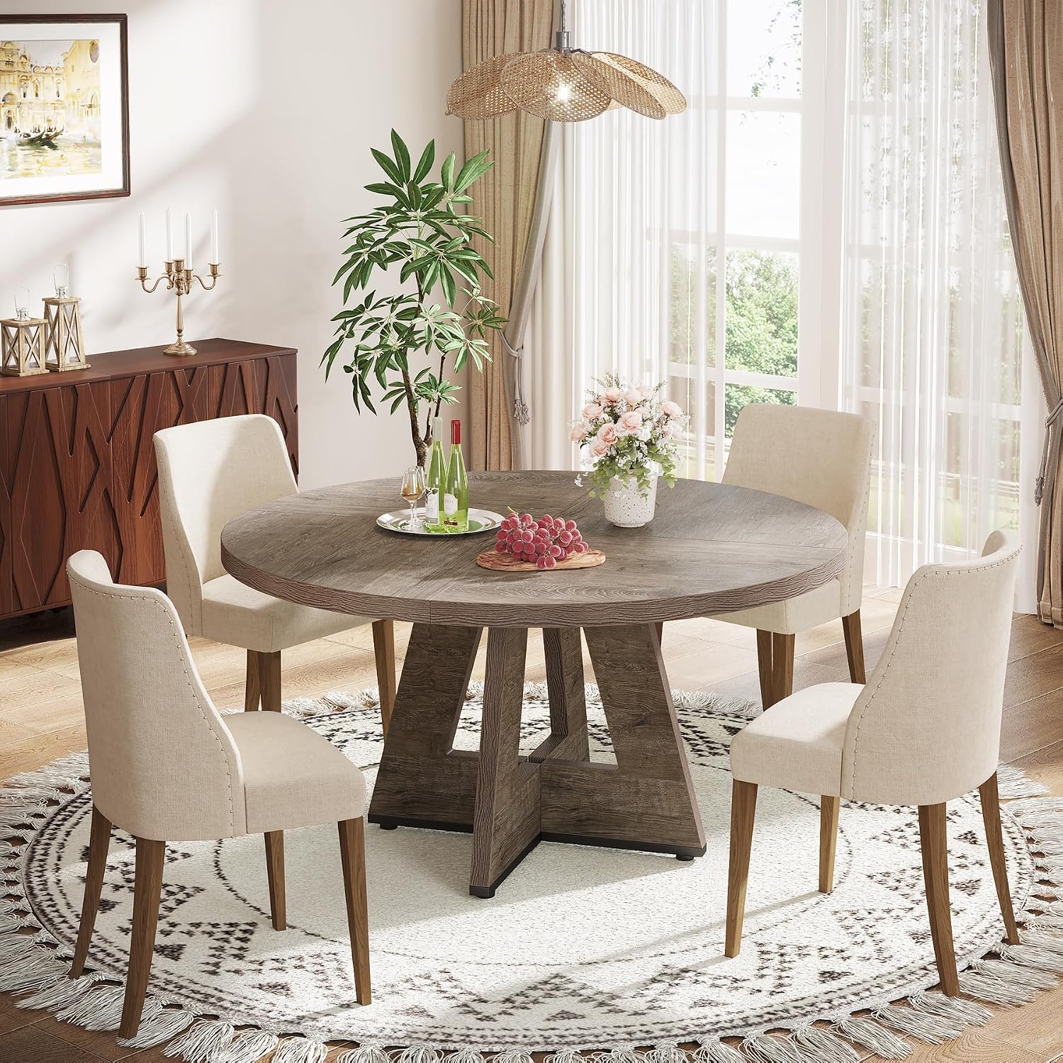 Tribesigns Farmhouse Dining Table, 47 Inch Round Dinner Table for 4 (Grey)