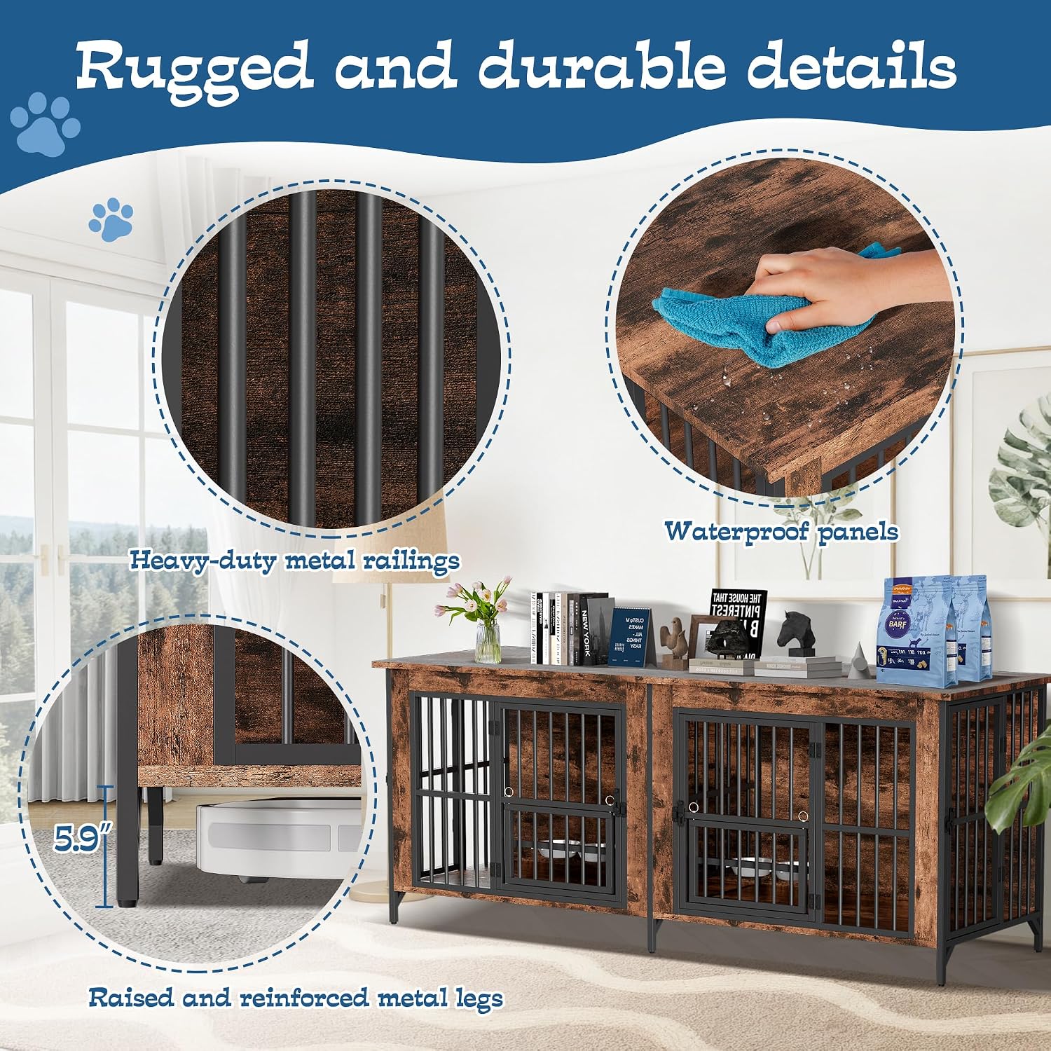 Grepatio 79' Double Dog Crate Furniture for 2 Dogs, Large Dog Kennel with 360° Rotating Feeder Bowls, Indoor Double Dogs Crates with 4 Doors, Wooden Dog Crate TV Stand with Removable Divider