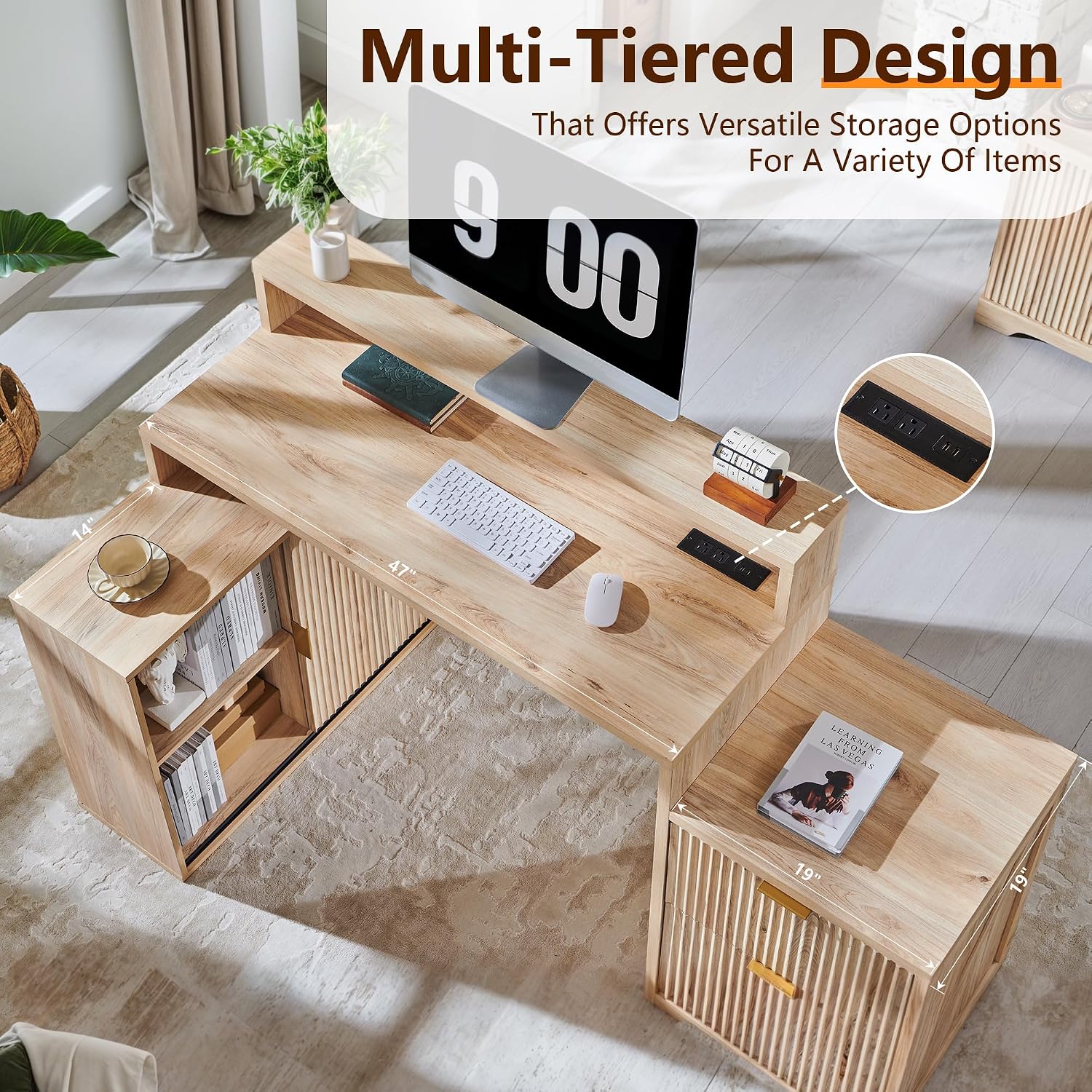 JXQTLINGMU 67' Modern L Shaped Desk with Storage Cabinet & Drawers, Wood Home Office Desk with Power Outlets, Fluted Computer Writing Desk, Oak
