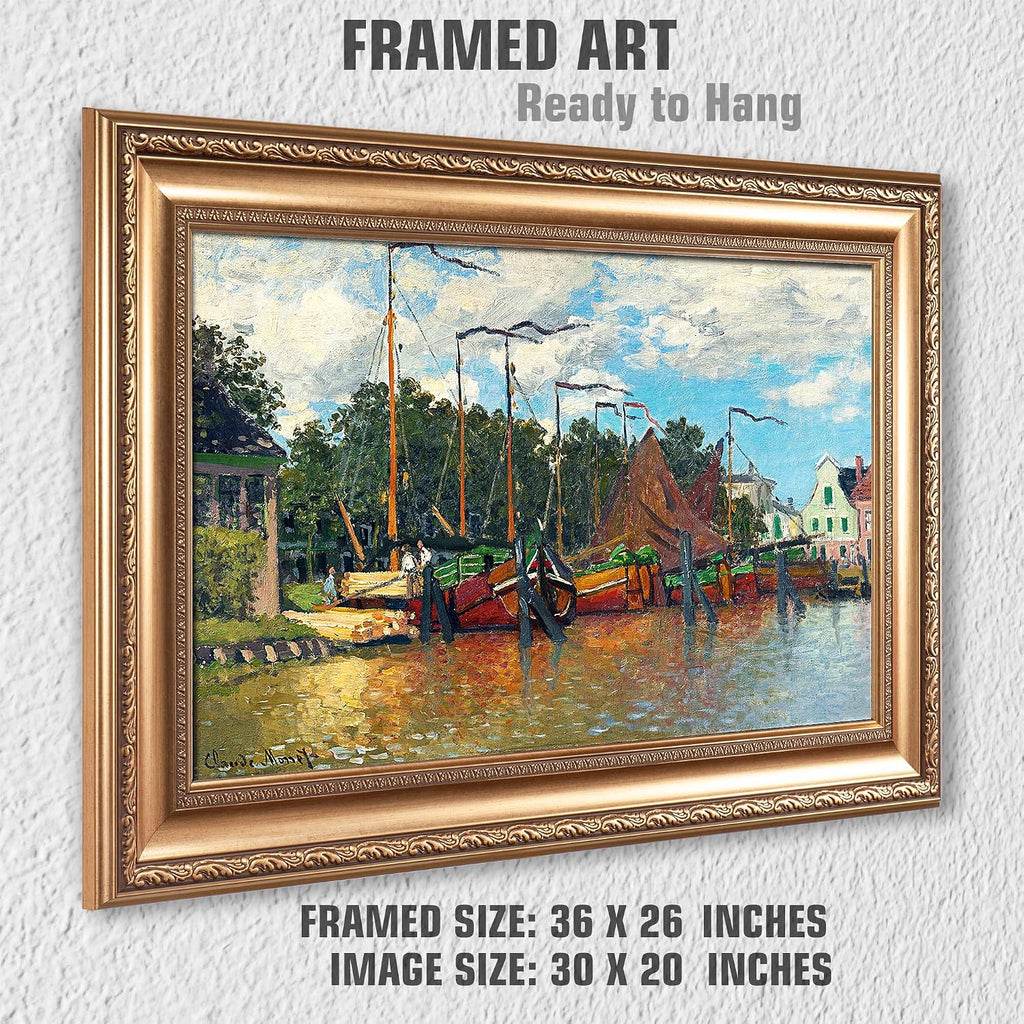 Boats at Zaandam by Claude Monet Painting Reproductions Framed Size:36x26 inches,Image Size:30x20 inches World Classic Reproductions For HomeDecor,Gold Frame
