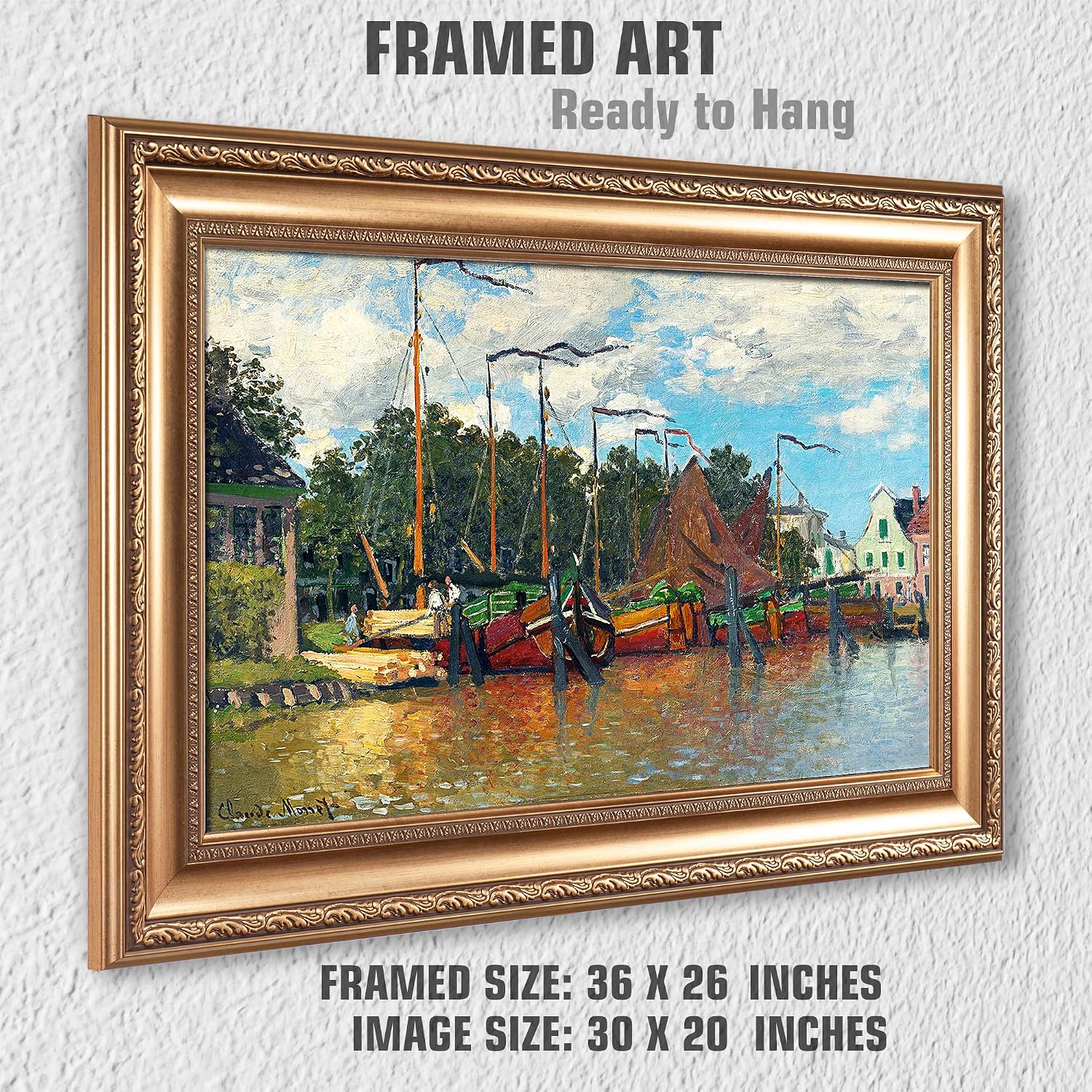 Boats at Zaandam by Claude Monet Painting Reproductions Framed Size:36x26 inches,Image Size:30x20 inches World Classic Reproductions For HomeDecor,Gold Frame