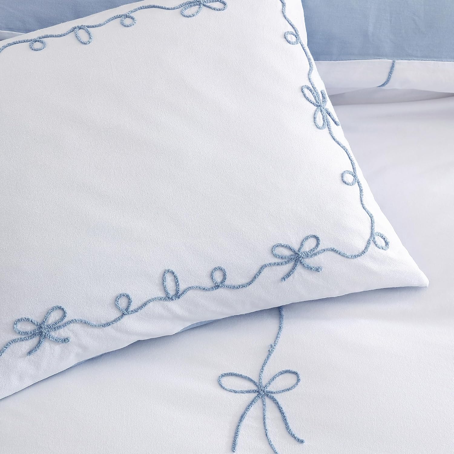 Peri Home Bows Duvet Cover Set 100% Cotton 3-Piece Bedding, Full/Queen, Blue Sasha Bows
